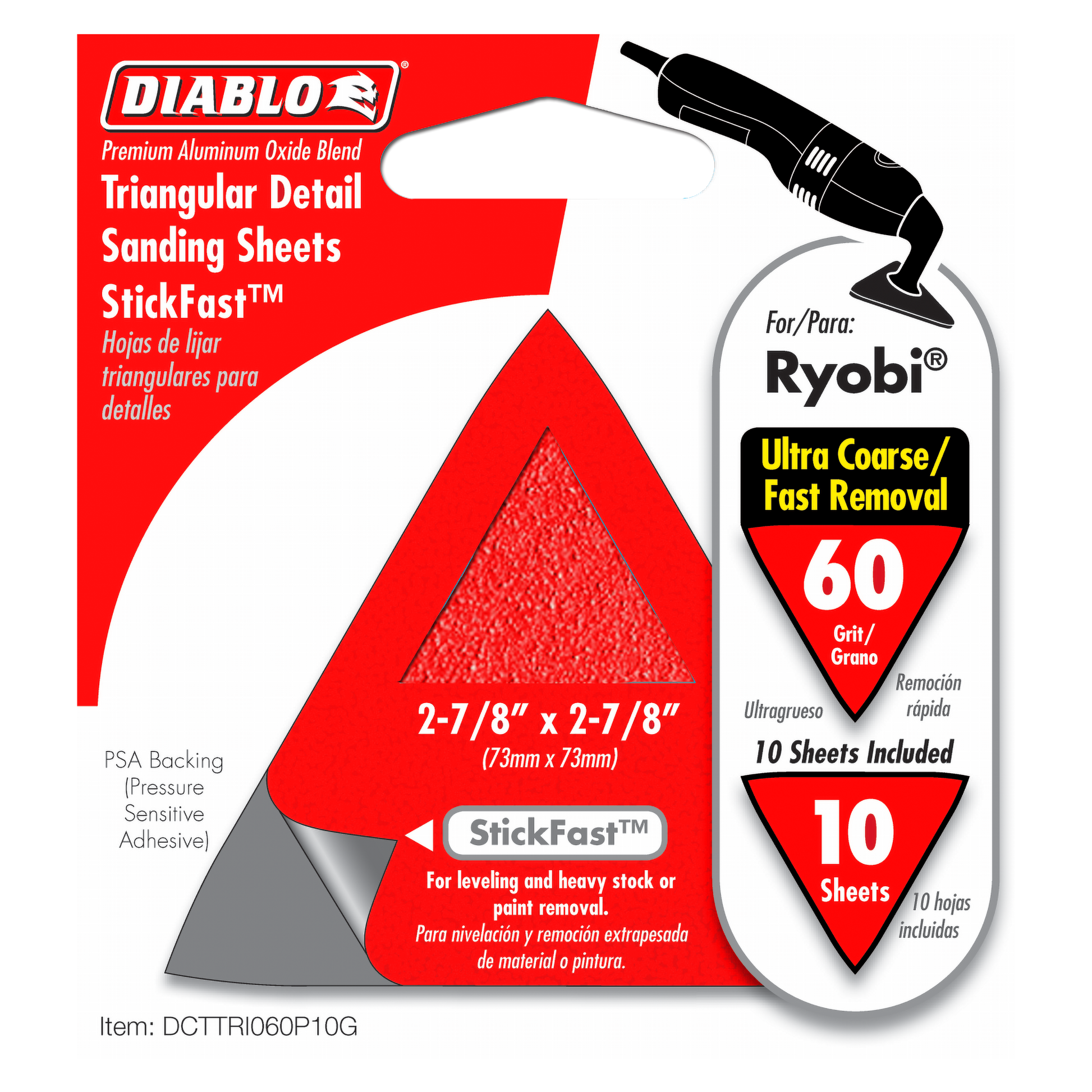 Triangle sanding sheets 2-7/8 in. x 2-7/8 in., 60 grit, StickFast backing, 10-pack for detail work.