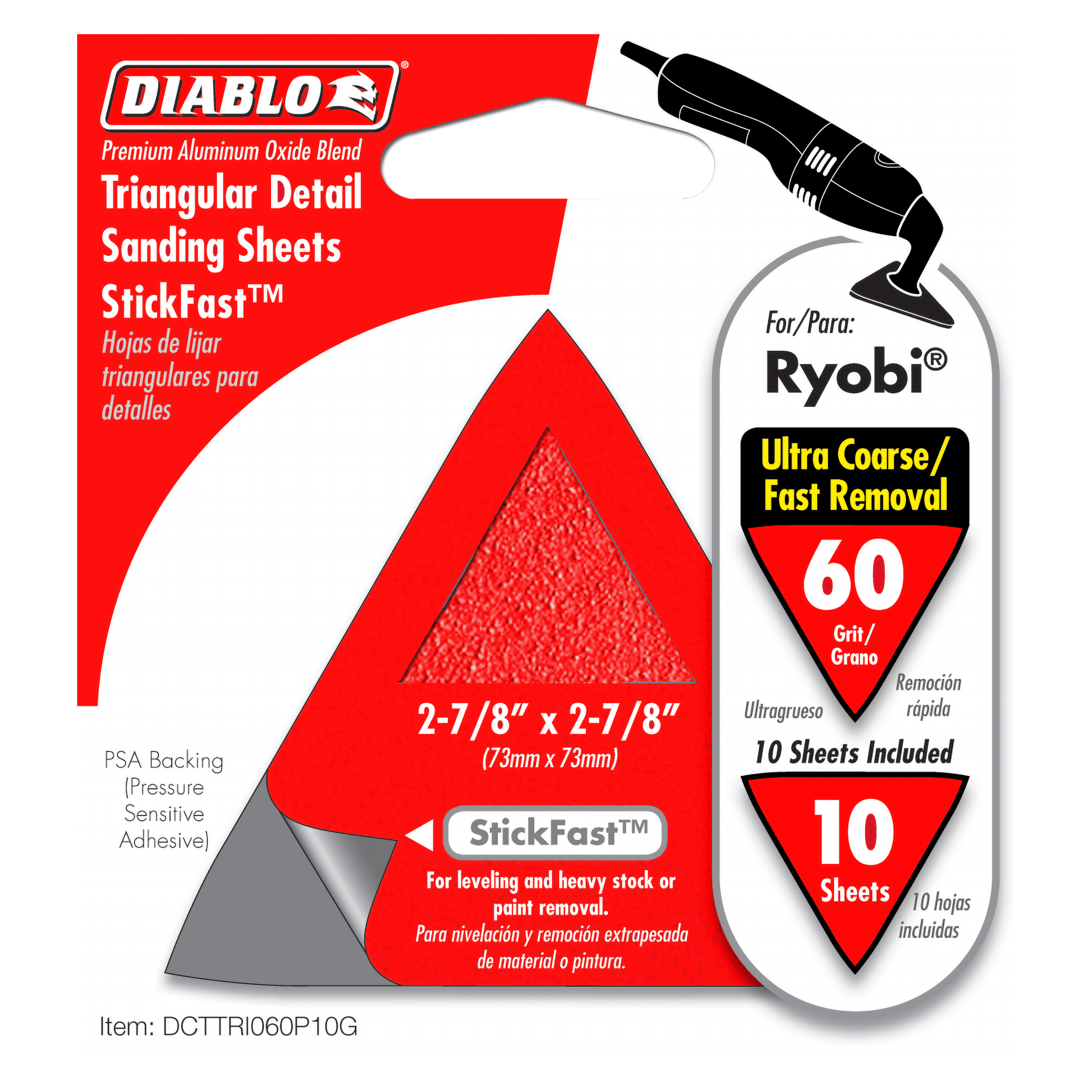 Triangle sanding sheets 2-7/8 in. x 2-7/8 in., 60 grit, StickFast backing, 10-pack for detail work.
