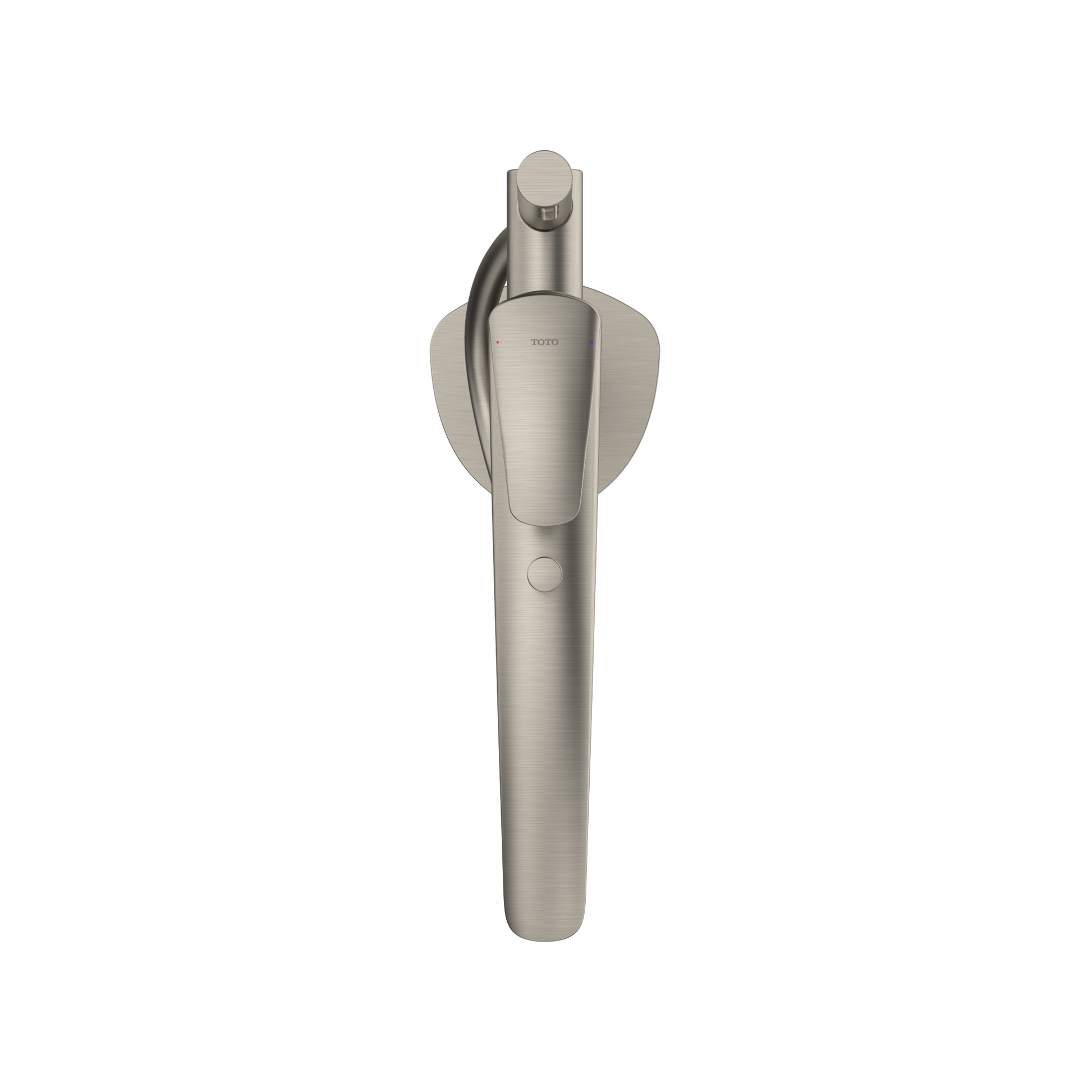 Brushed nickel single-handle tub filler with attached handshower and circular wall mount plate.