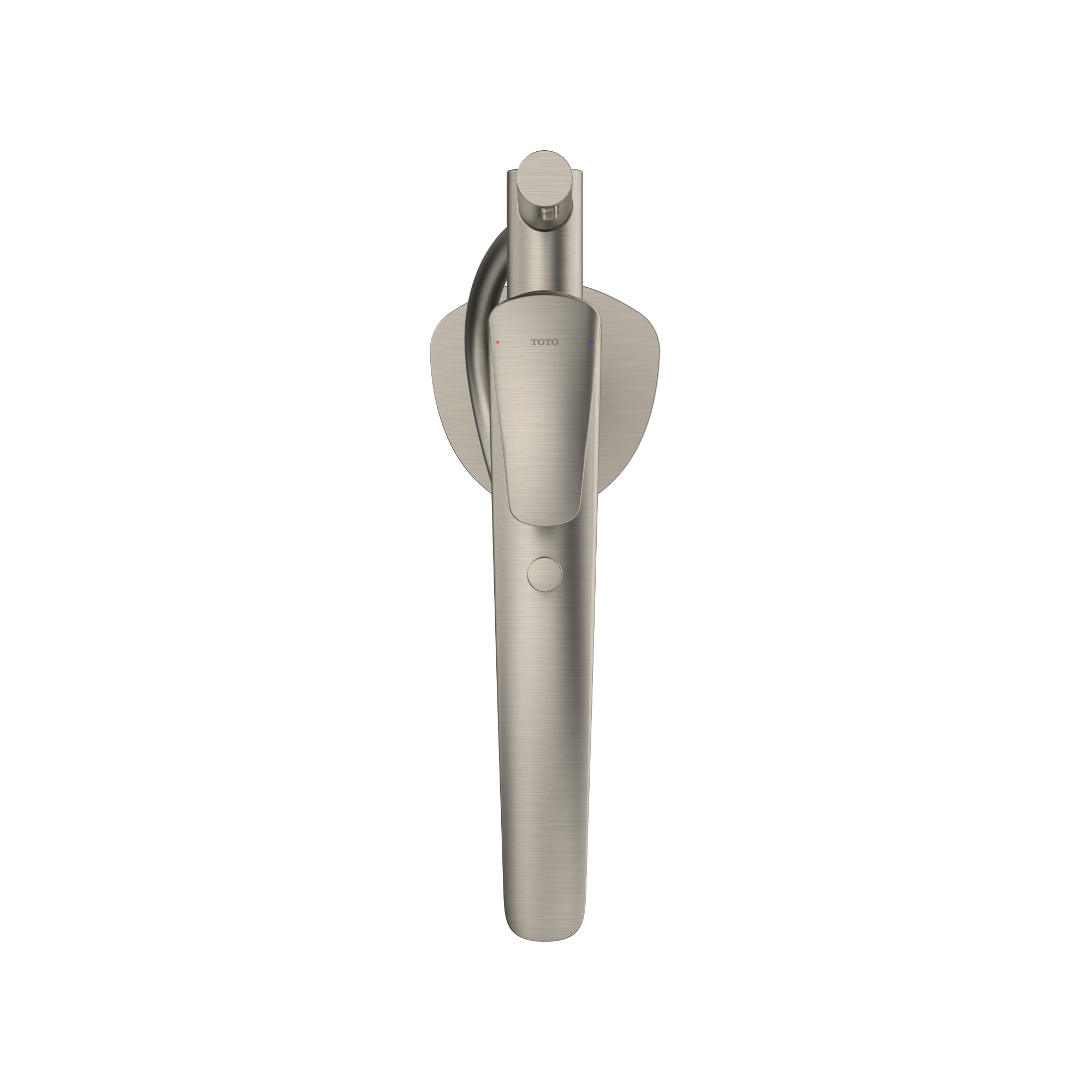 Brushed nickel single-handle tub filler with attached handshower and circular wall mount plate.