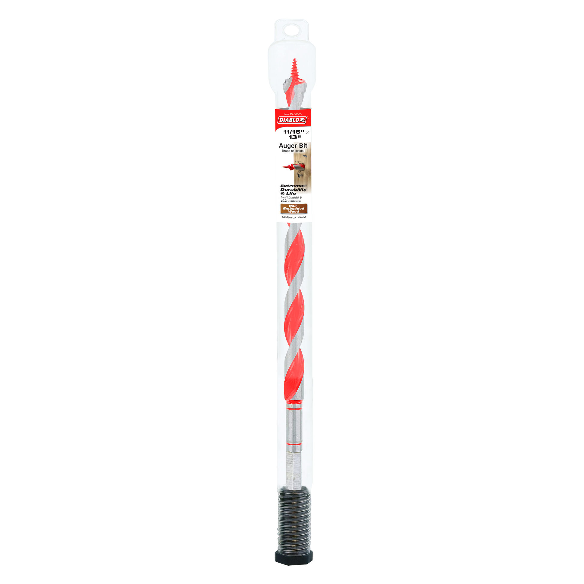 Diablo auger bit with red and silver twisted flutes, threaded base, in clear plastic packaging with red label.