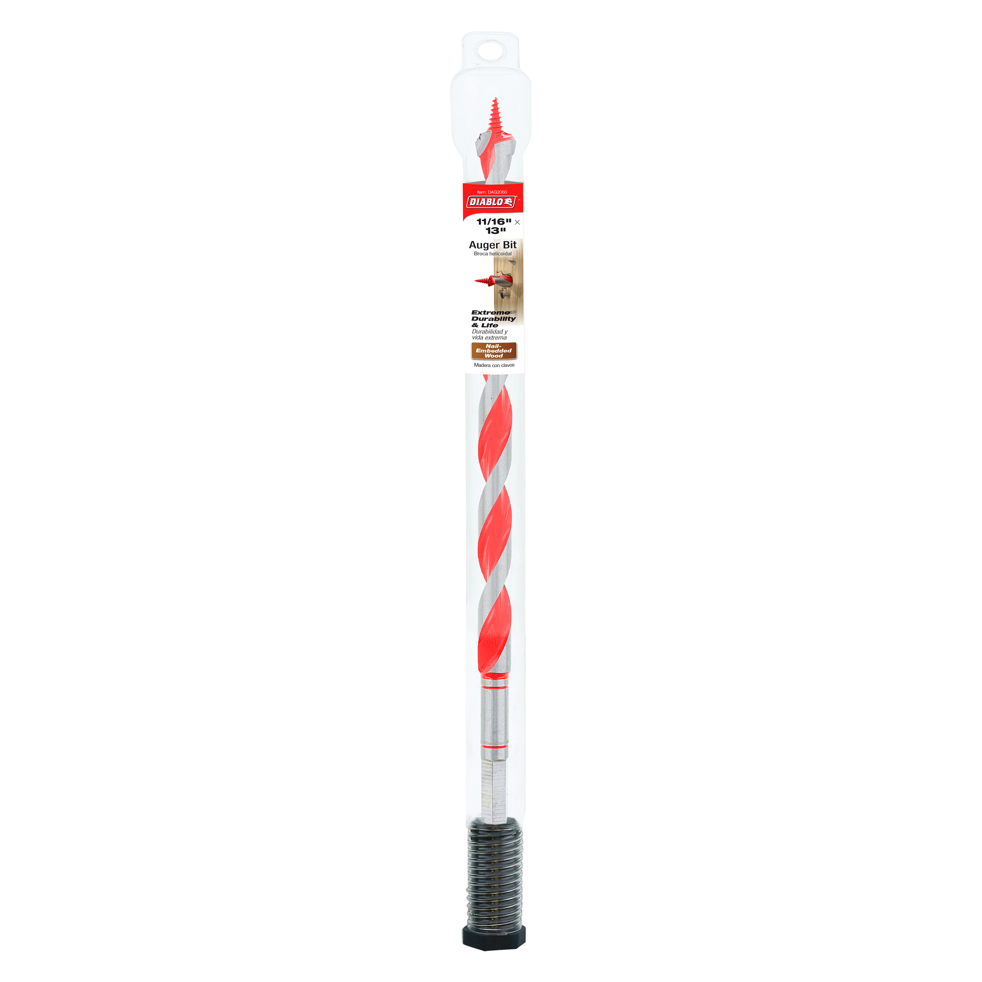 Diablo auger bit with red and silver twisted flutes, threaded base, in clear plastic packaging with red label.