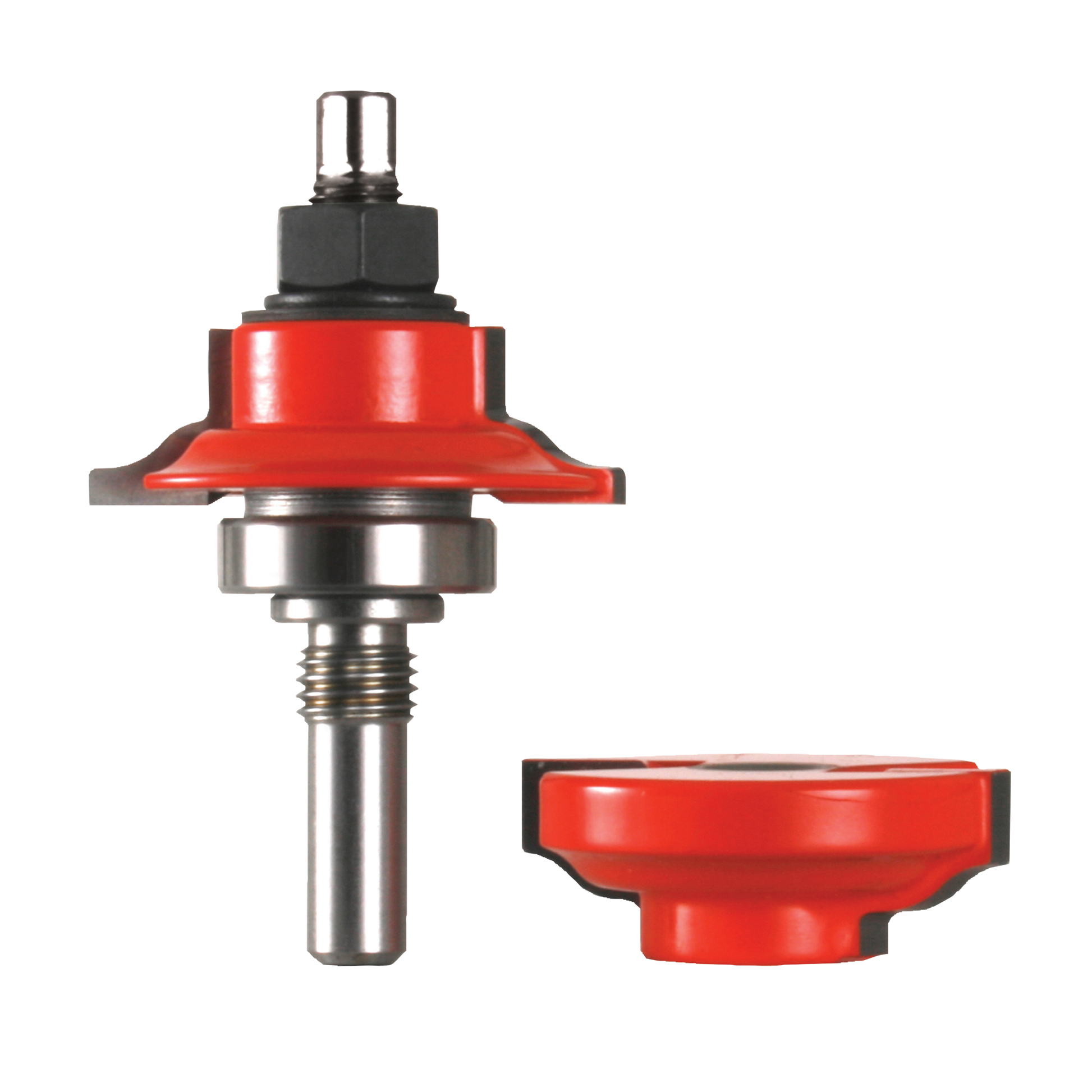 Red and steel router bit with ogee profile and interchangeable cutting head, shown assembled and disassembled.