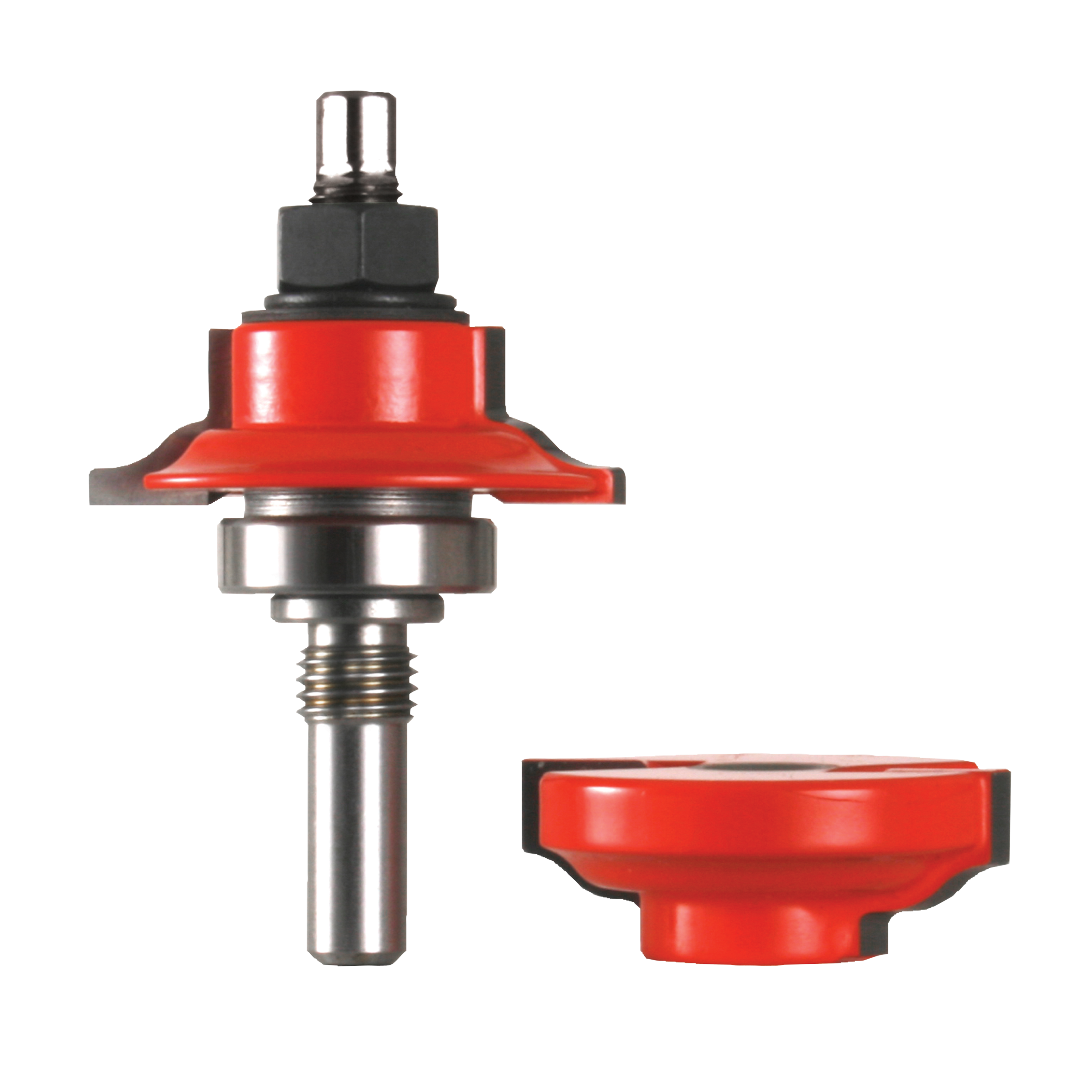 Red and steel router bit with ogee profile and interchangeable cutting head, shown assembled and disassembled.