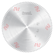 Freud 12" crosscut saw blade with silver finish, multiple teeth around edge, and red markings on face.