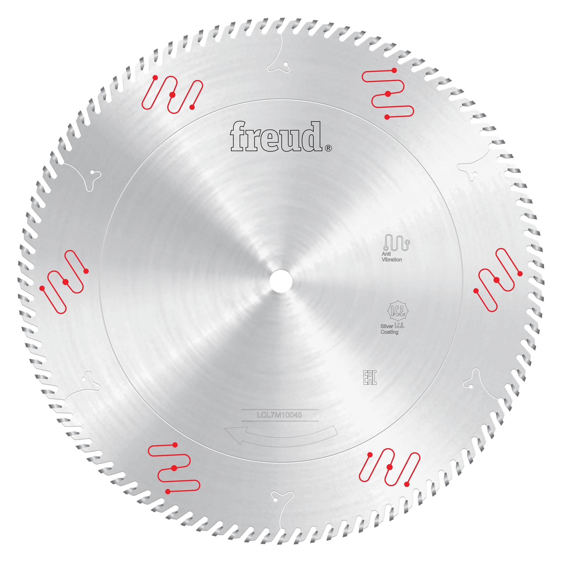 Freud 12" crosscut saw blade with silver finish, multiple teeth around edge, and red markings on face.