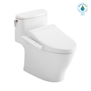 White elongated one-piece toilet with integrated bidet seat, control panel on side, and closed lid.