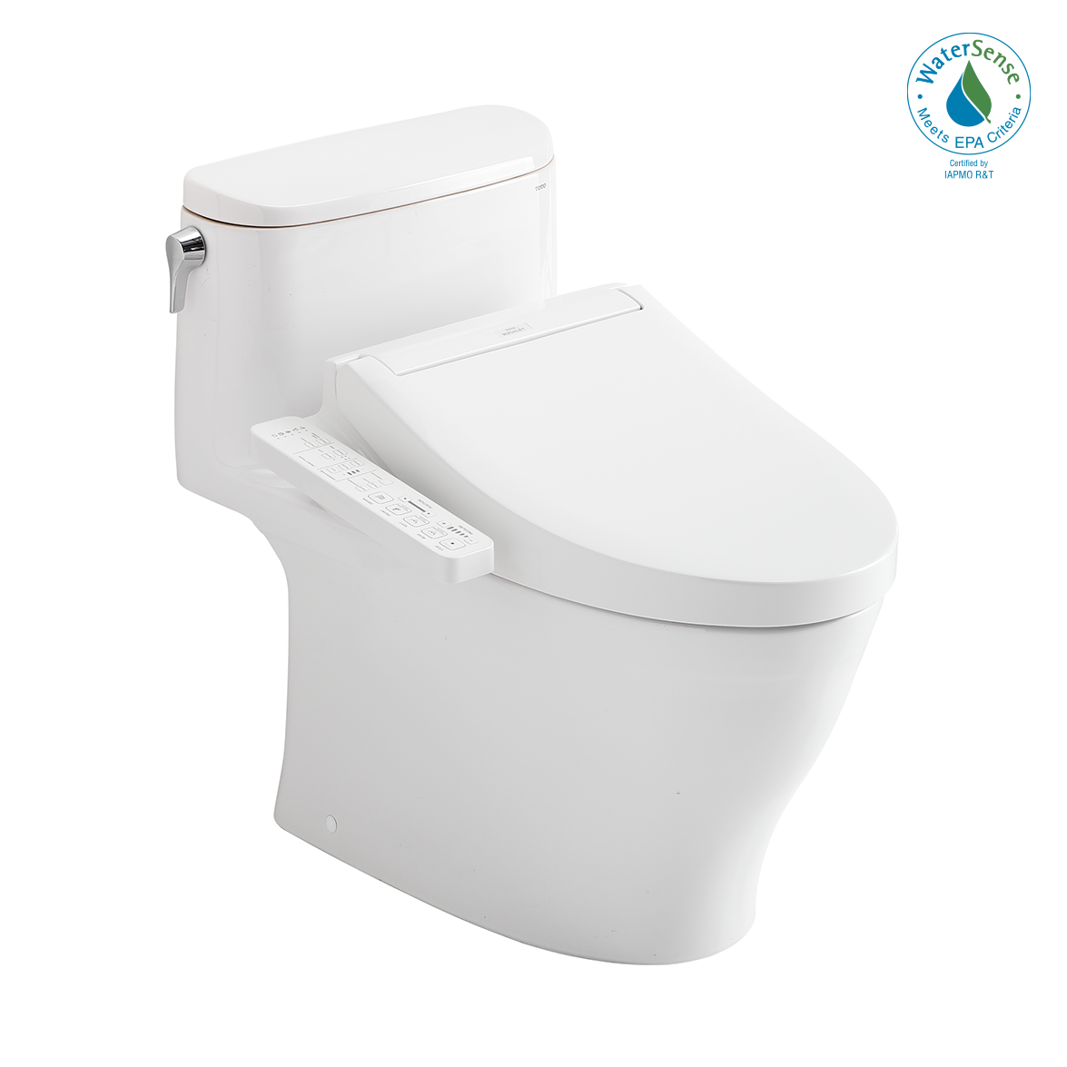 White elongated one-piece toilet with integrated bidet seat, control panel on side, and closed lid.