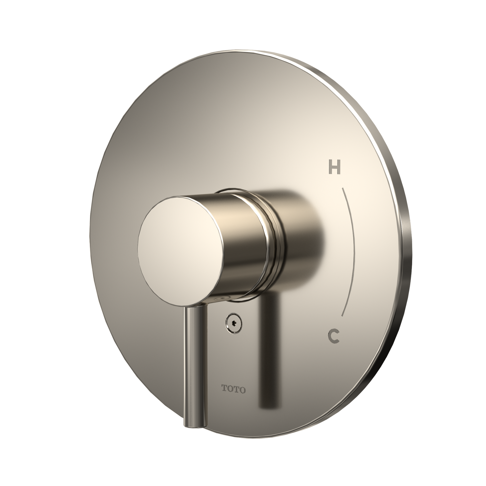 Polished nickel round shower valve trim with single lever handle and temperature markings on escutcheon plate.