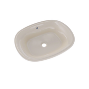 Oval undermount bathroom sink in sedona beige with single faucet hole.
