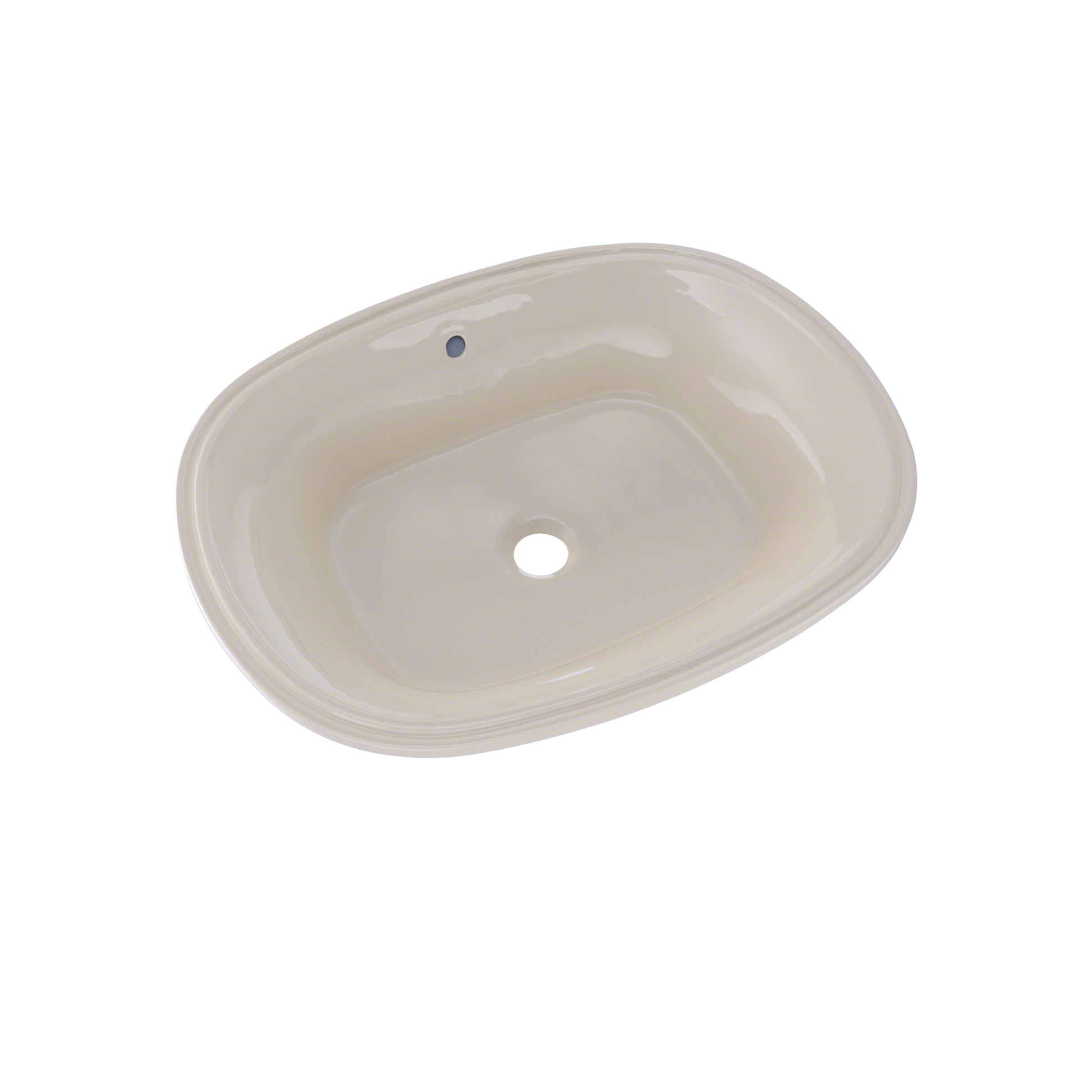 Oval undermount bathroom sink in sedona beige with single faucet hole.