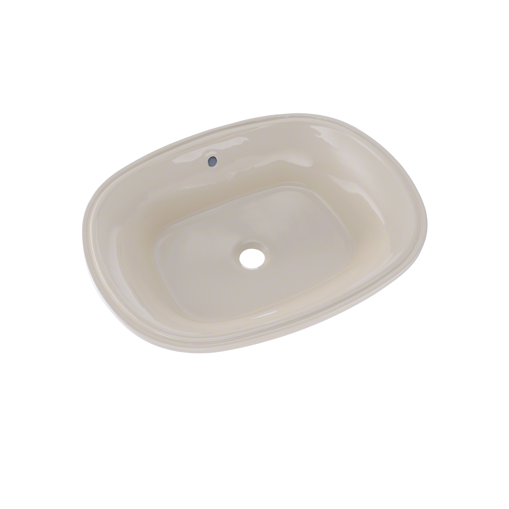 Oval undermount bathroom sink in sedona beige with single faucet hole.
