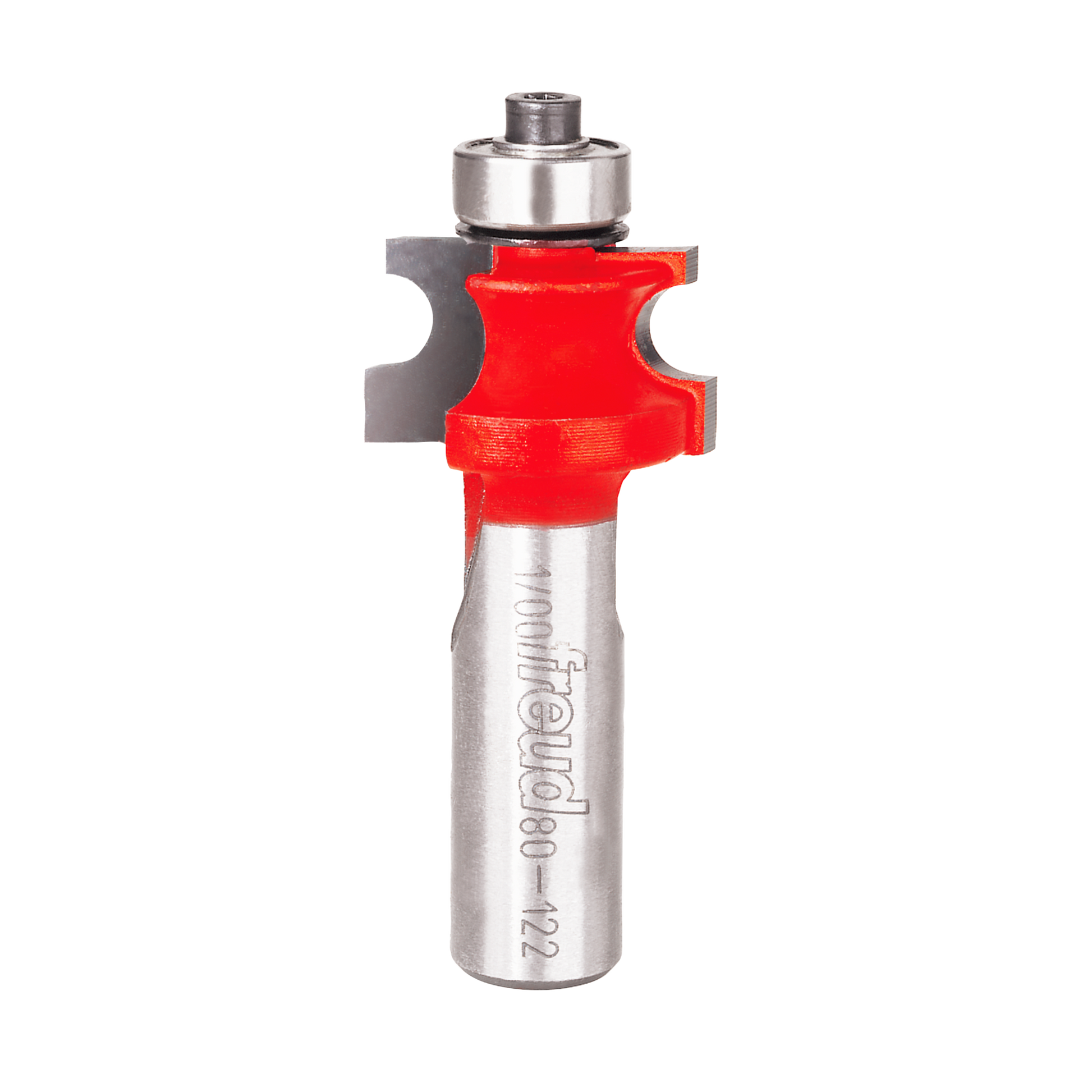 Steel router bit with red body and ball bearing guide, marked Freud 80-122 on shaft.