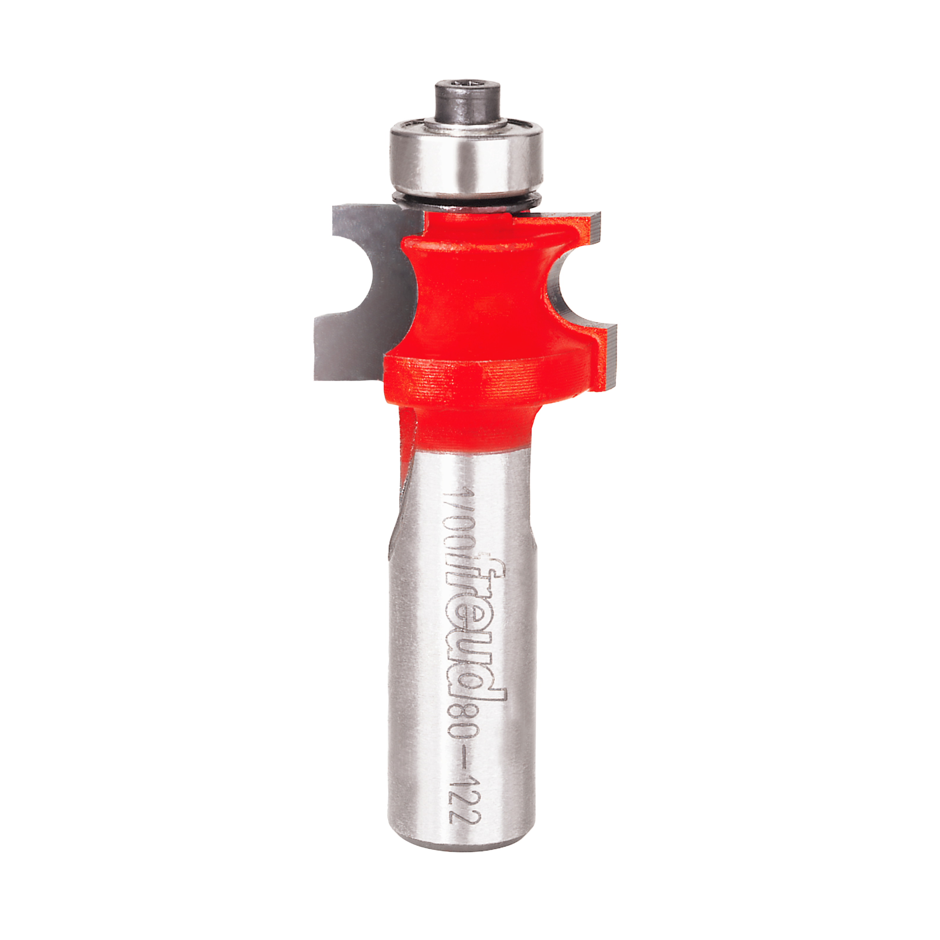 Steel router bit with red body and ball bearing guide, marked Freud 80-122 on shaft.
