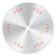 Circular saw blade with fine teeth and red mechanical clamping symbols around the edge against brushed metal surface.