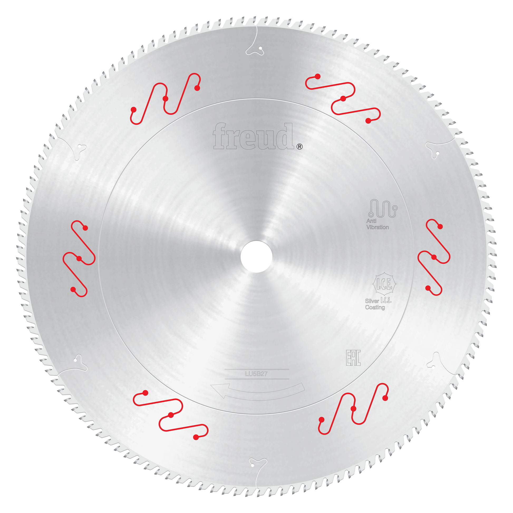 Circular saw blade with fine teeth and red mechanical clamping symbols around the edge against brushed metal surface.