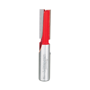Red and silver double flute straight router bit with cylindrical shank and flat cutting edges.