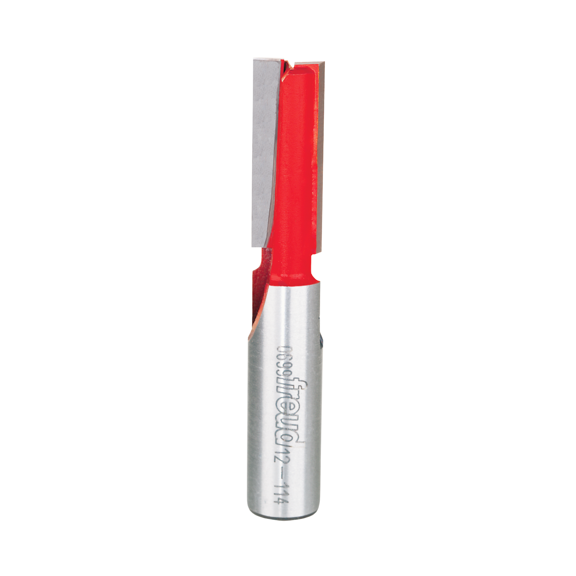 Red and silver double flute straight router bit with cylindrical shank and flat cutting edges.
