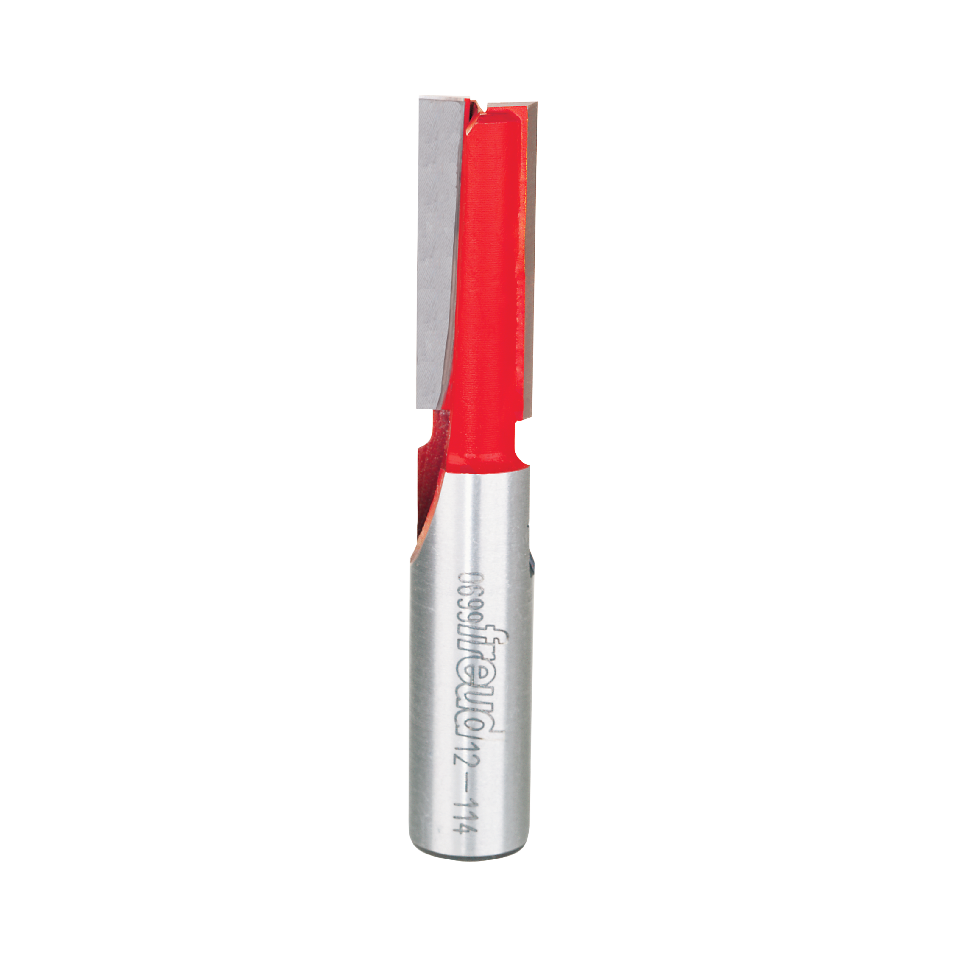 Red and silver double flute straight router bit with cylindrical shank and flat cutting edges.