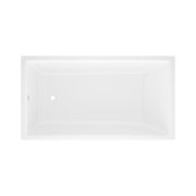 White rectangular bathtub with drain and overflow hole, viewed from above.