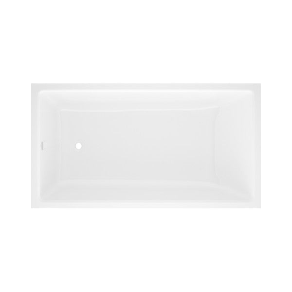 White rectangular bathtub with drain and overflow hole, viewed from above.