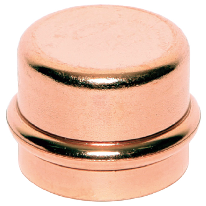 Copper press cap with 3/4" diameter and polished finish, featuring a grooved band around the base.