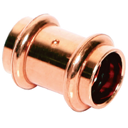Copper press coupling with stop, 1 inch, cylindrical body with grooved grip rings on each end.