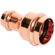 Red copper press reducing coupling with 1" and 3/4" connection ends, featuring grip rings and internal sealing surface.