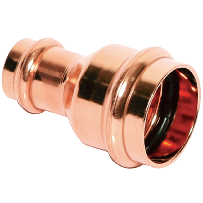 Red copper press reducing coupling with 1" and 3/4" connection ends, featuring grip rings and internal sealing surface.