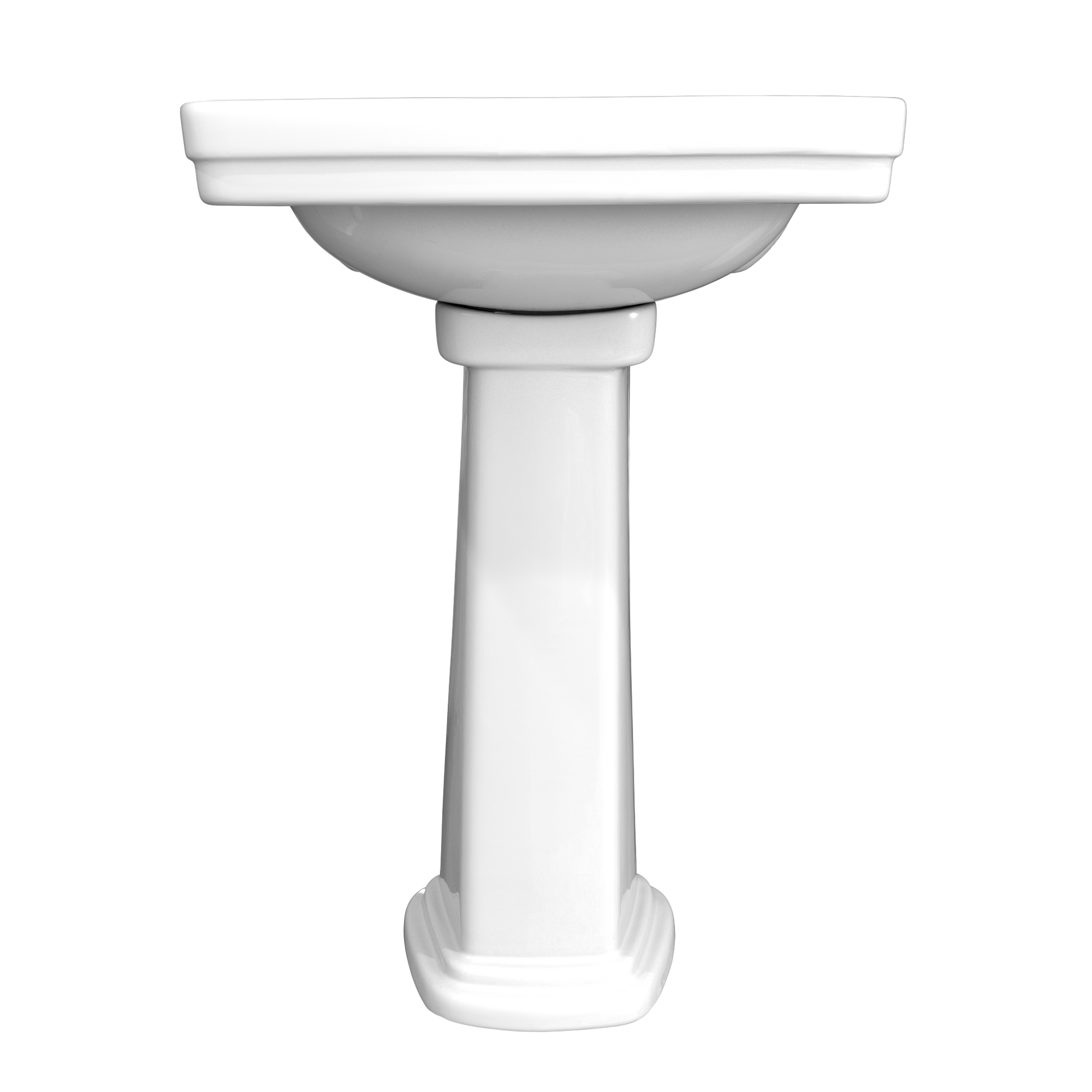 White ceramic pedestal sink with rectangular basin and cylindrical support column.