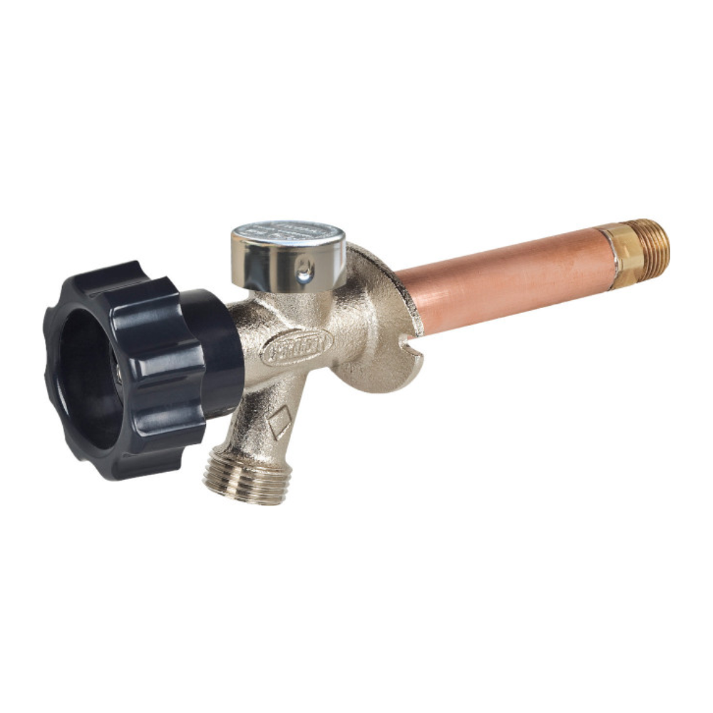 Brass wall hydrant with black handle, copper tube, and threaded inlet connection.