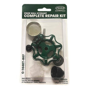 Prier wall hydrant repair kit containing green handle, metal screw, clear vacuum breaker, replacement seals, and hardware.