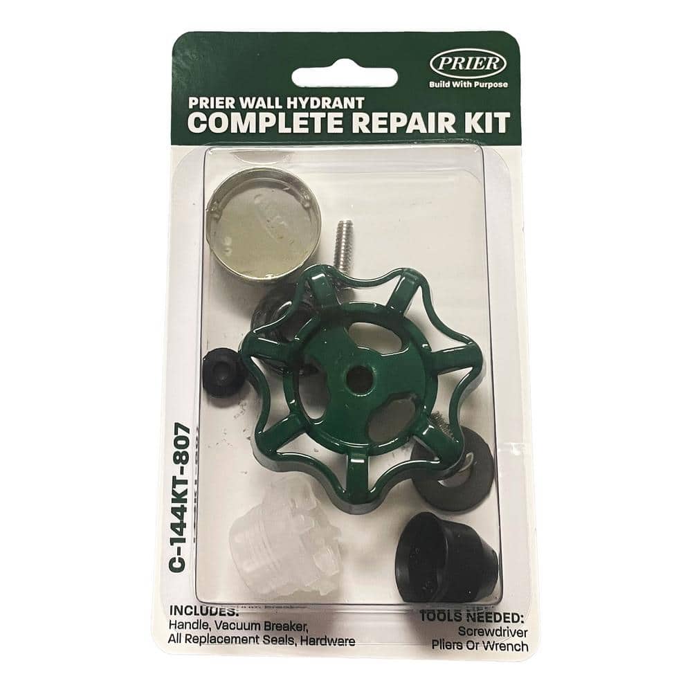 Prier wall hydrant repair kit containing green handle, metal screw, clear vacuum breaker, replacement seals, and hardware.