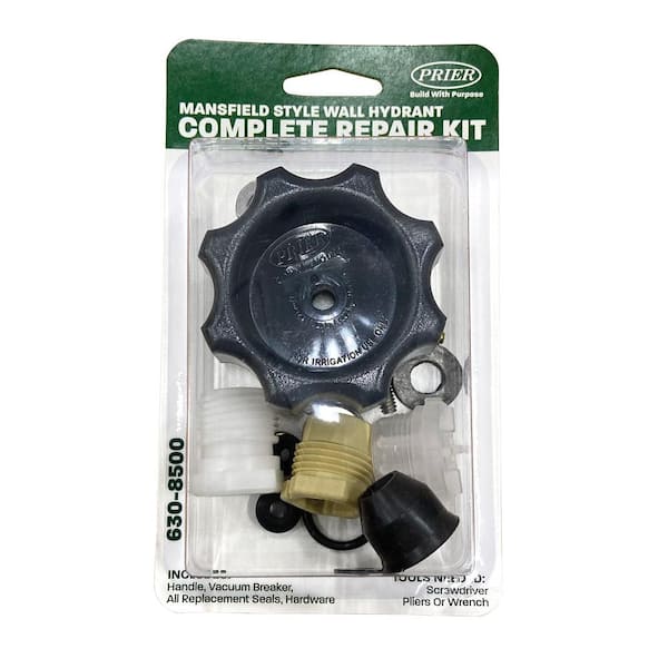Prier wall hydrant repair kit containing black handle valve, tan threaded component, and black rubber seals on green packagin