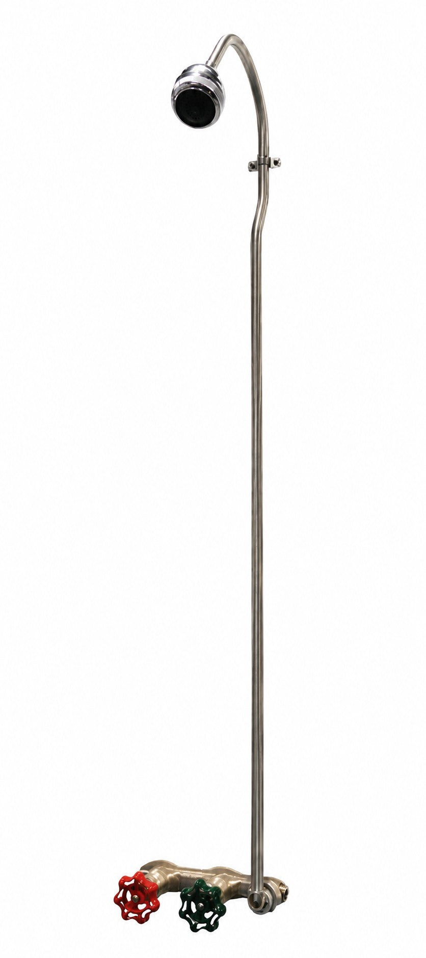 Stainless steel outdoor shower with curved riser, showerhead, and red and green control valves at base.