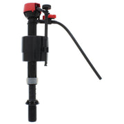 Black and red toilet fill valve with adjustable float arm and inlet tube for water control.