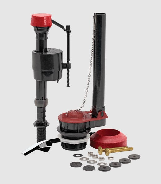 Toilet tank repair kit with fill valve, flush valve, flapper, hardware, and tools displayed on white background.