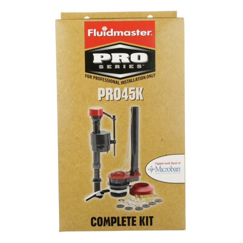 Fluidmaster Pro Series PRO45K complete toilet tank kit with fill valve, flapper, and hardware components.