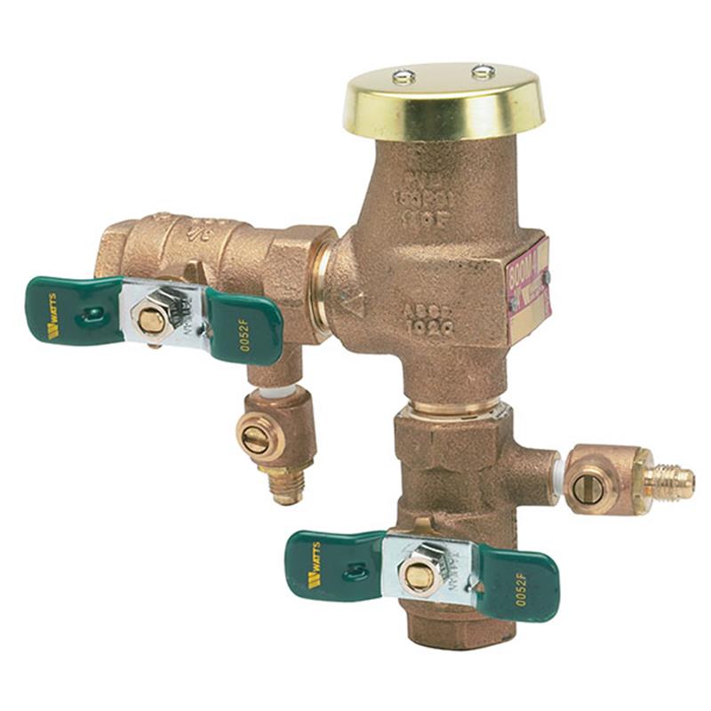 Bronze pressure vacuum breaker with green ball valves, brass top cap, and outlet ports.