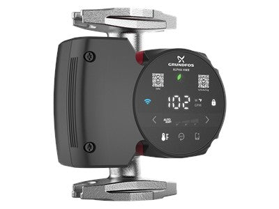 Grundfos 115V recirculating pump with stainless steel fittings and digital control display showing temperature and Bluetooth 