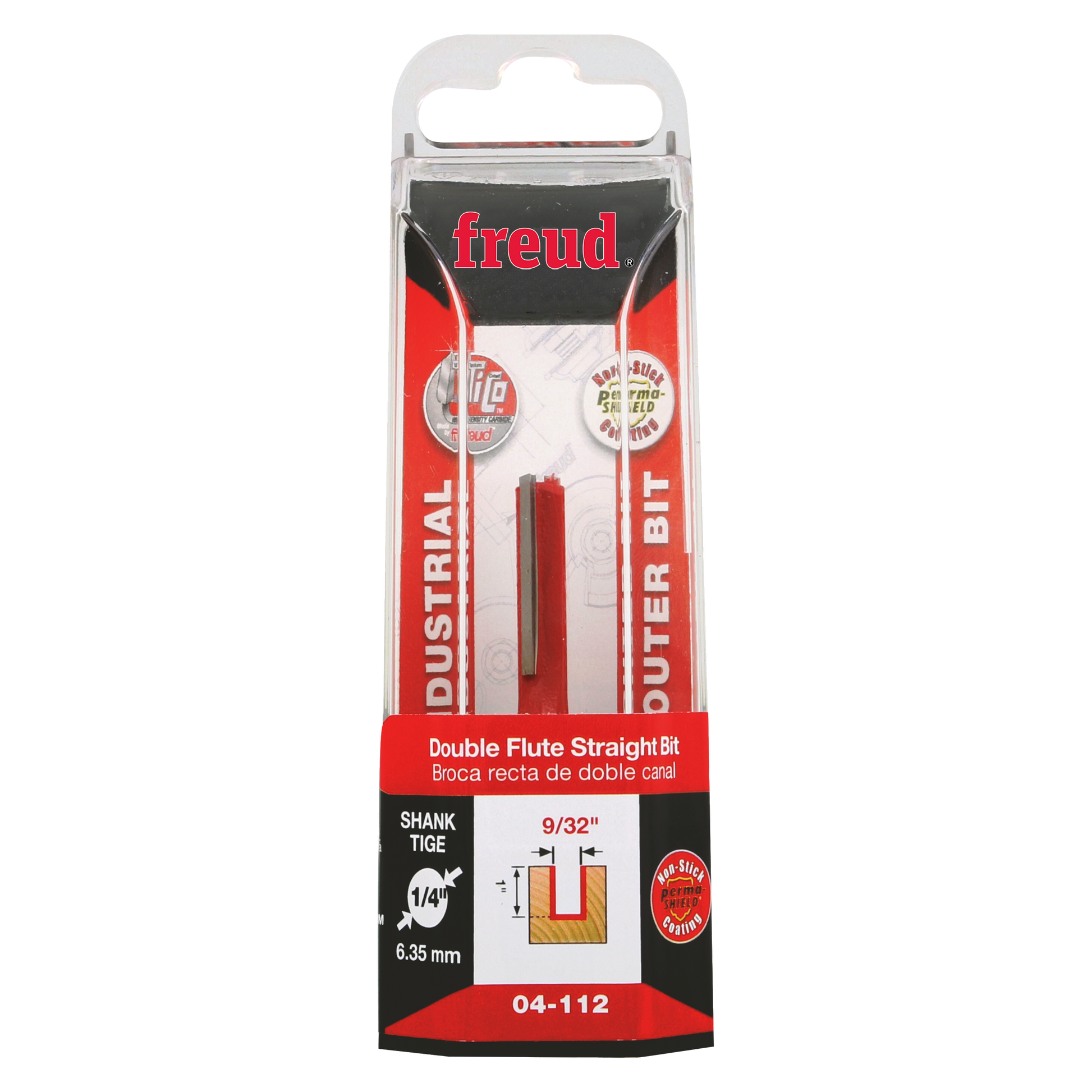 Freud 04-112 double flute straight bit with 9/32" diameter and 1/4" shank in clear plastic packaging.
