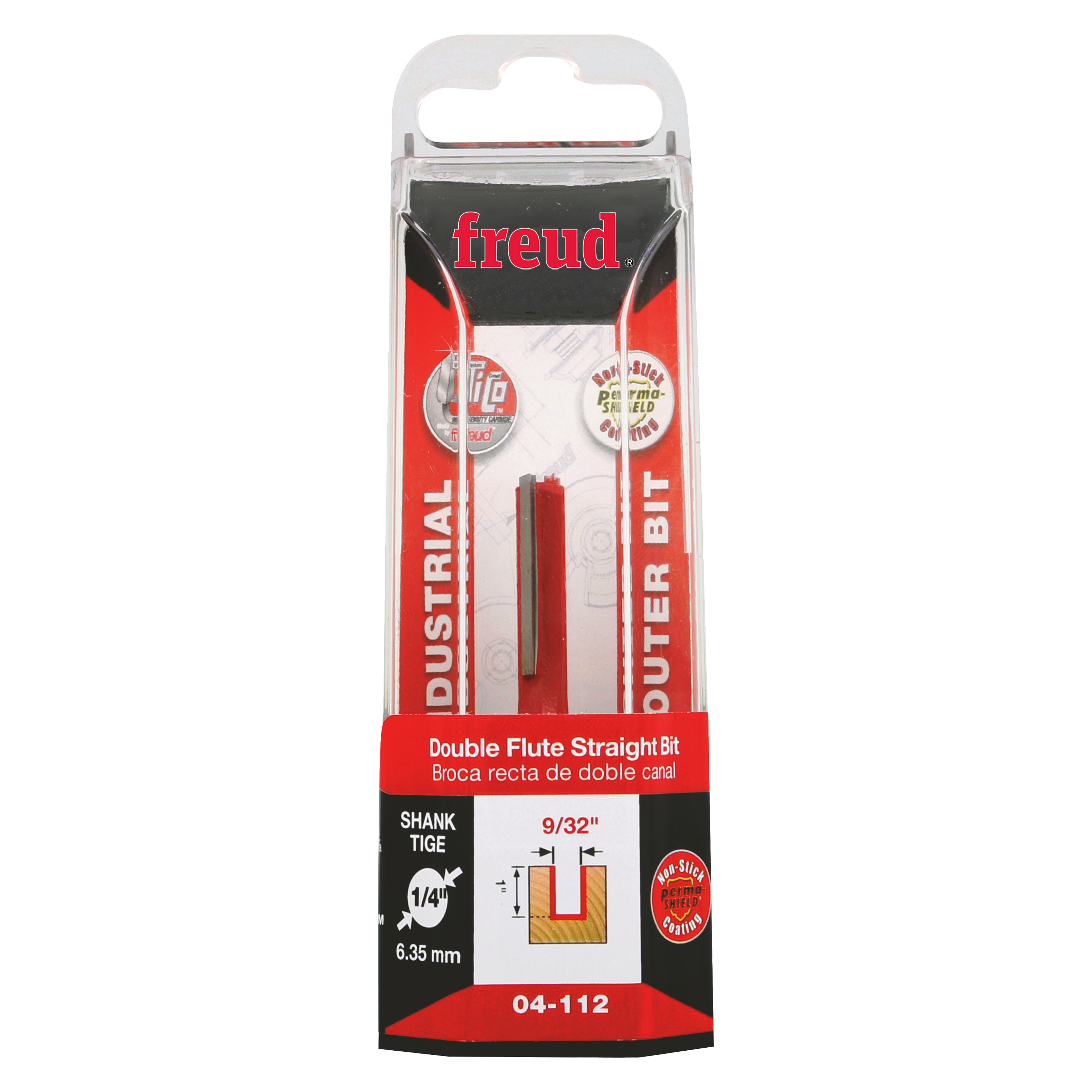 Freud 04-112 double flute straight bit with 9/32" diameter and 1/4" shank in clear plastic packaging.