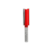 Freud router bit with red cutting head and two flutes on metallic shank.