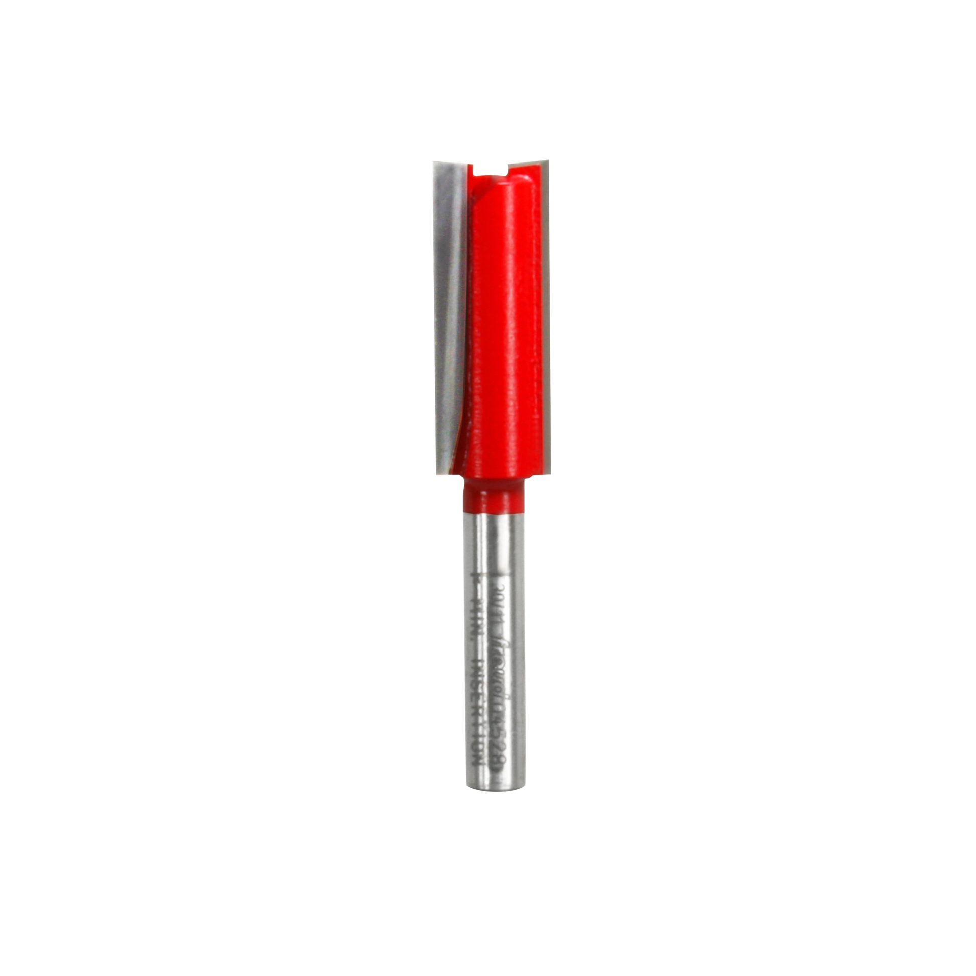 Freud router bit with red cutting head and two flutes on metallic shank.