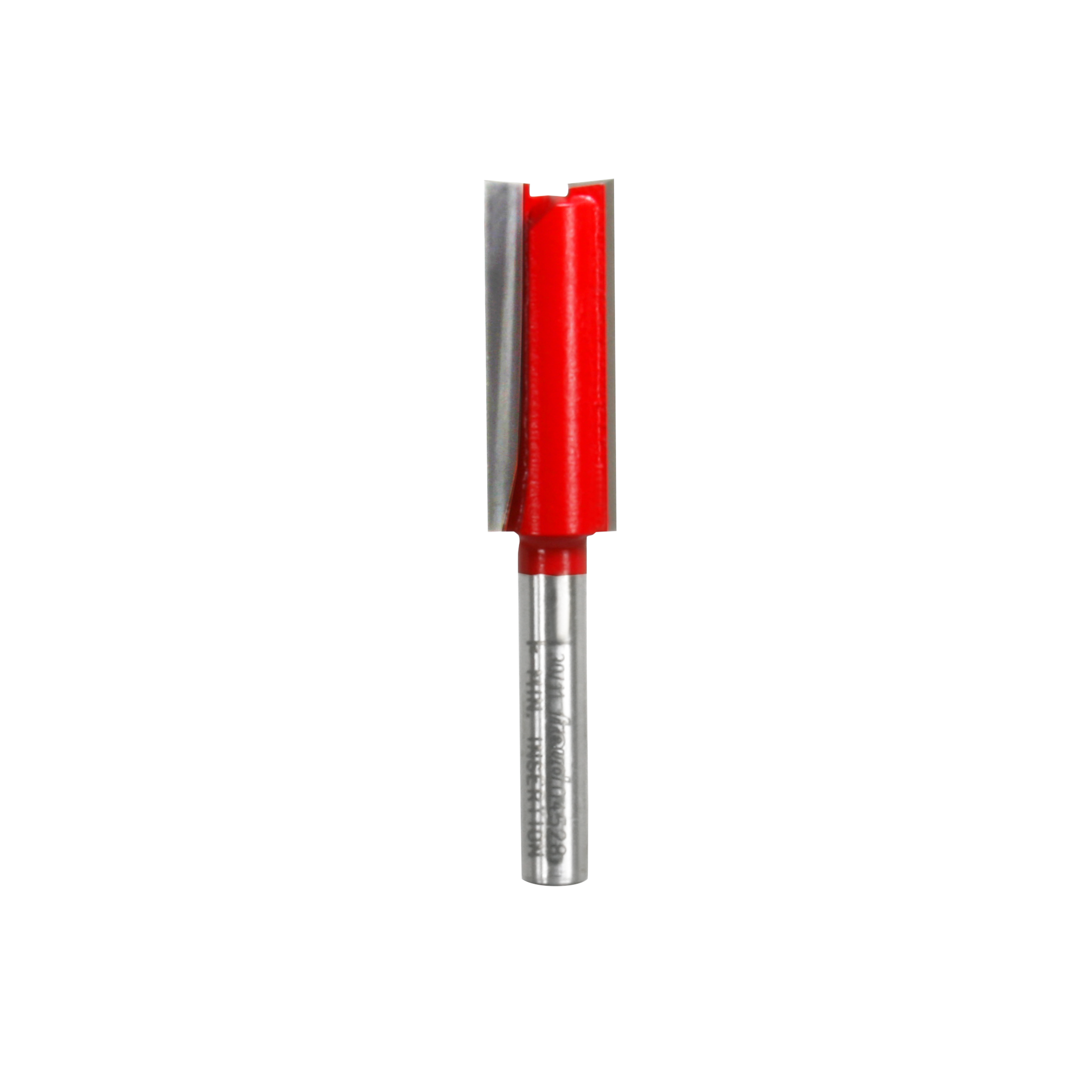 Freud router bit with red cutting head and two flutes on metallic shank.