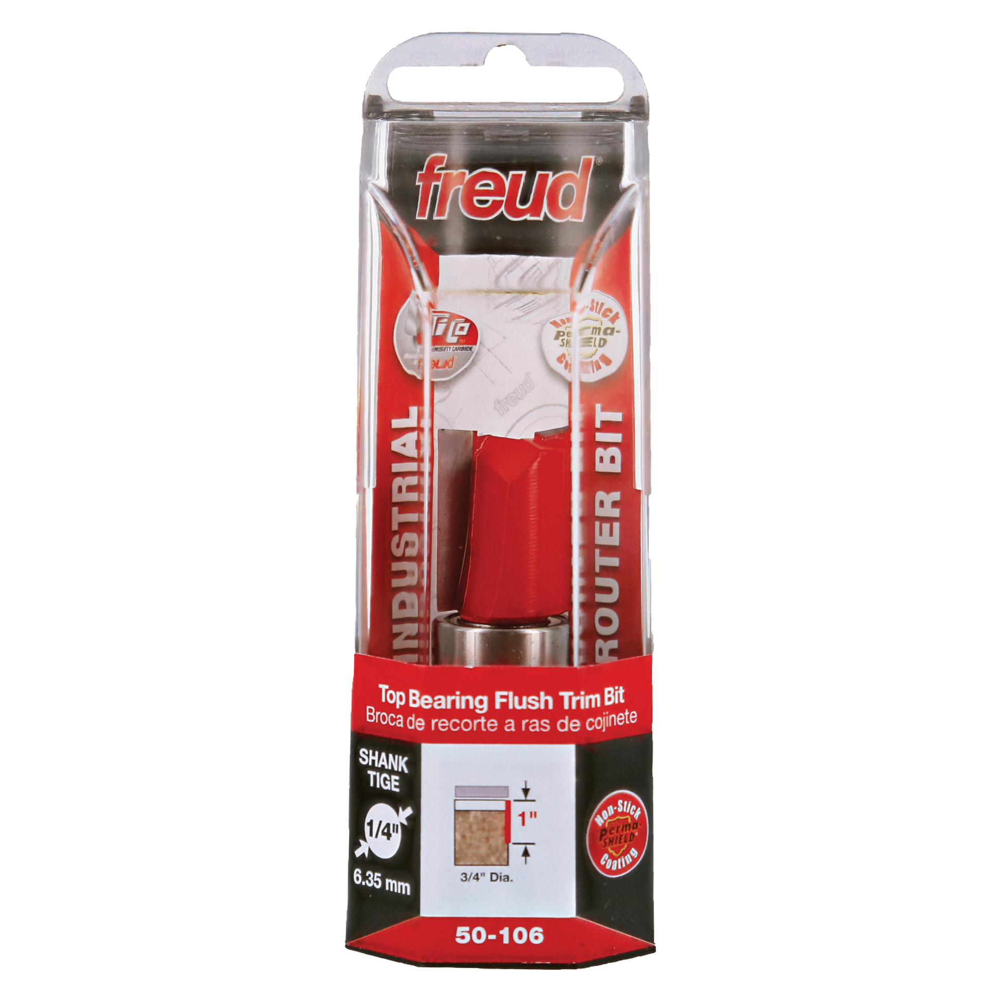 Freud top bearing flush trim router bit with red plastic body and metal shank in clear plastic packaging.