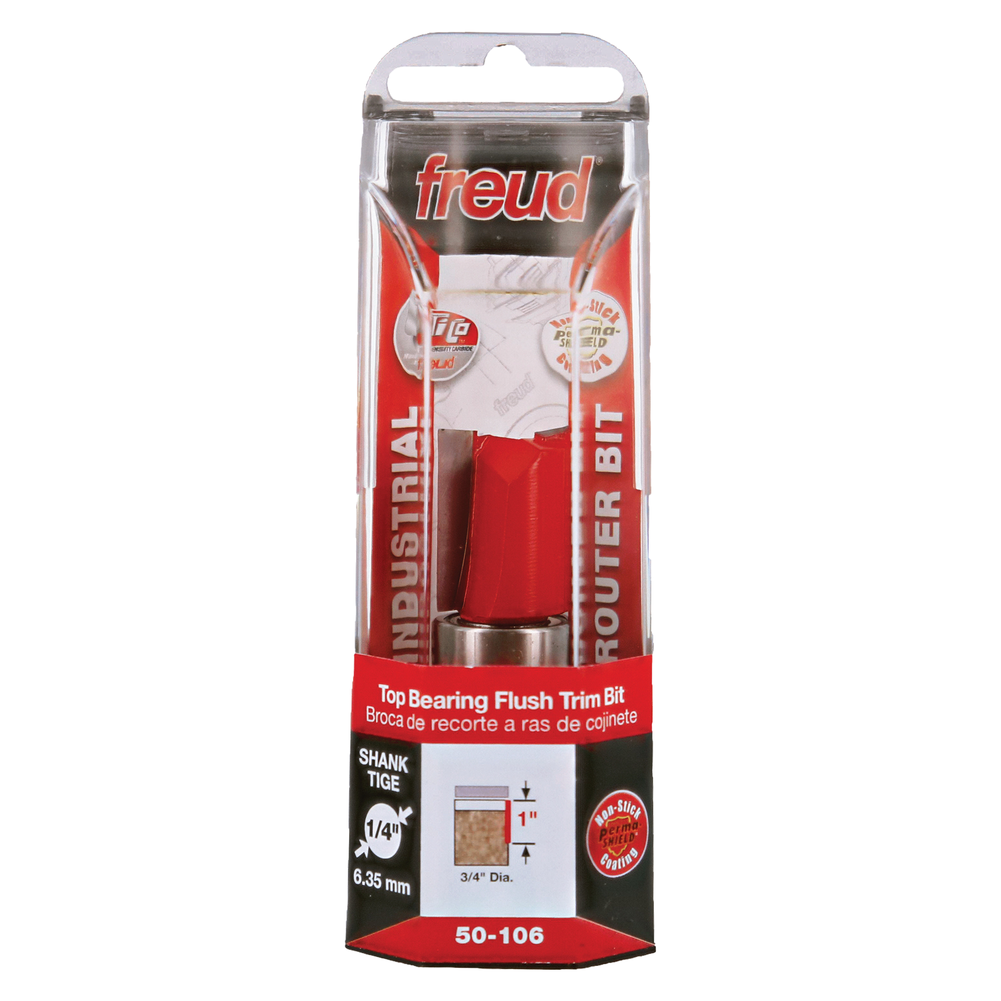 Freud top bearing flush trim router bit with red plastic body and metal shank in clear plastic packaging.