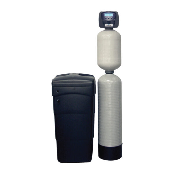 Dual-tank water treatment system with black control valve on top, fiberglass softener tank on left, and carbon filtration tan