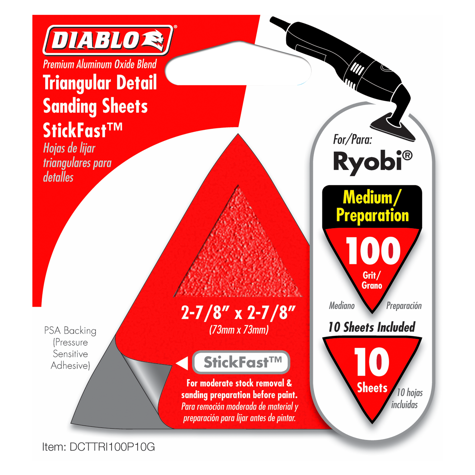 Red triangular sanding sheets with StickFast adhesive backing, 100 grit, 2-7/8 inch size, package of 10.