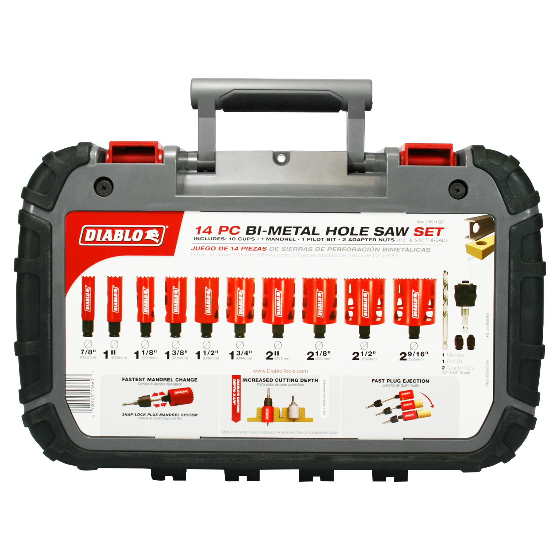 Diablo 14-piece bi-metal hole saw set in carrying case with red saws, mandrel, pilot bit, and adapter nuts displayed.